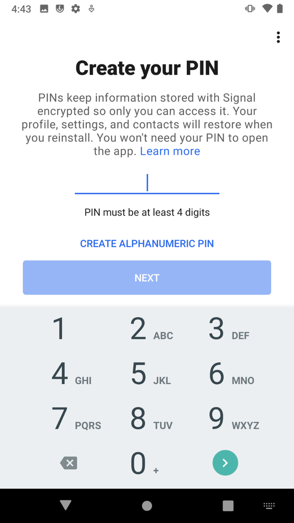 "Choose pin" screen